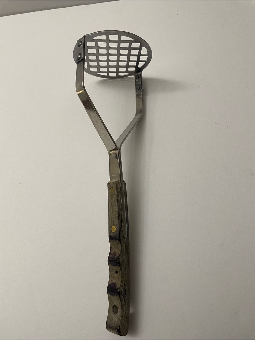 Vintage Japan Stainless Steel Potato Masher Lattice Wooden Handle Retro MCM